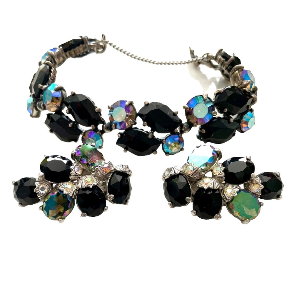 Schiaparelli Bracelet + Earrings Set Aurora Borealis AB Black Rhinestones VTG - Picture 13 of 15